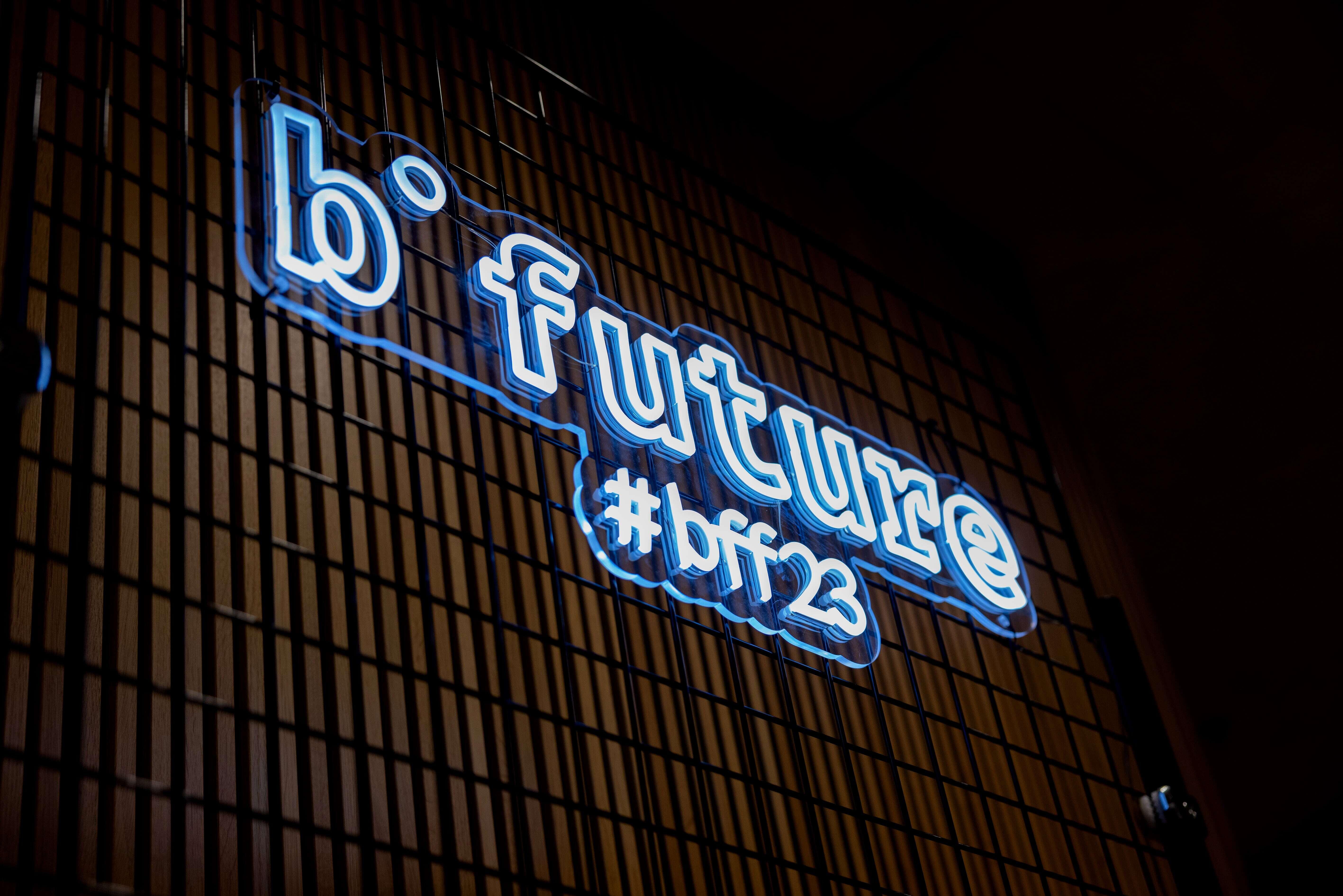 The b° future logo in light blue illuminated letters.