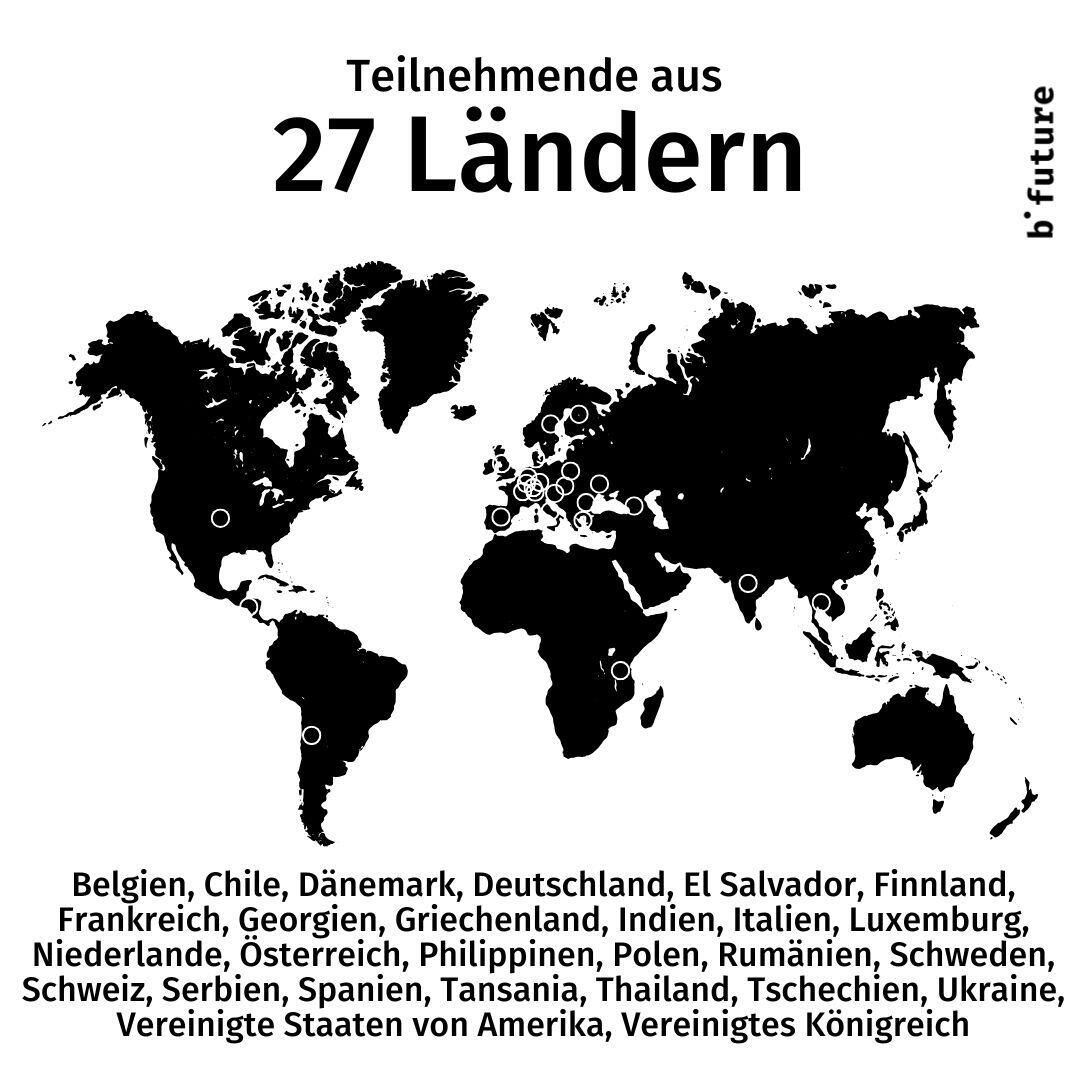 Teilnehmende aus 27 Ländern (Belgien, Chile, Dänemark, Deutschland, El Salvador, Finnland, Frankreich, Georgien, Griechenland, Indien, Italien, Luxemburg, Niederlande, Österreich, Philippinen, Polen, Rumänien, Schweden, Schweiz, Serbien, Spanien, Tansania, Thailand, Tschechien, Ukraine, Vereinigte Staaten von Amerika, Vereinigtes Königreich)